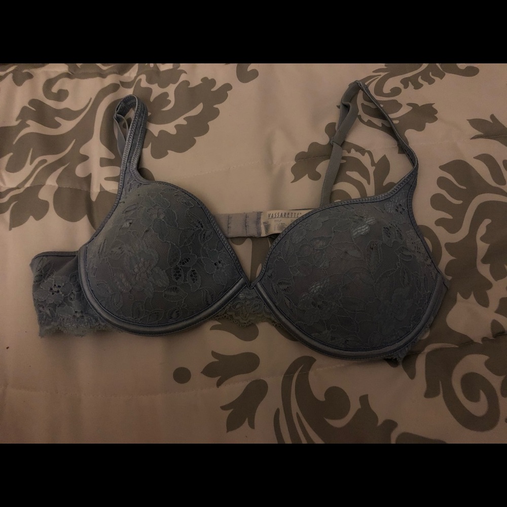 A Vassarette light blue floral bra
